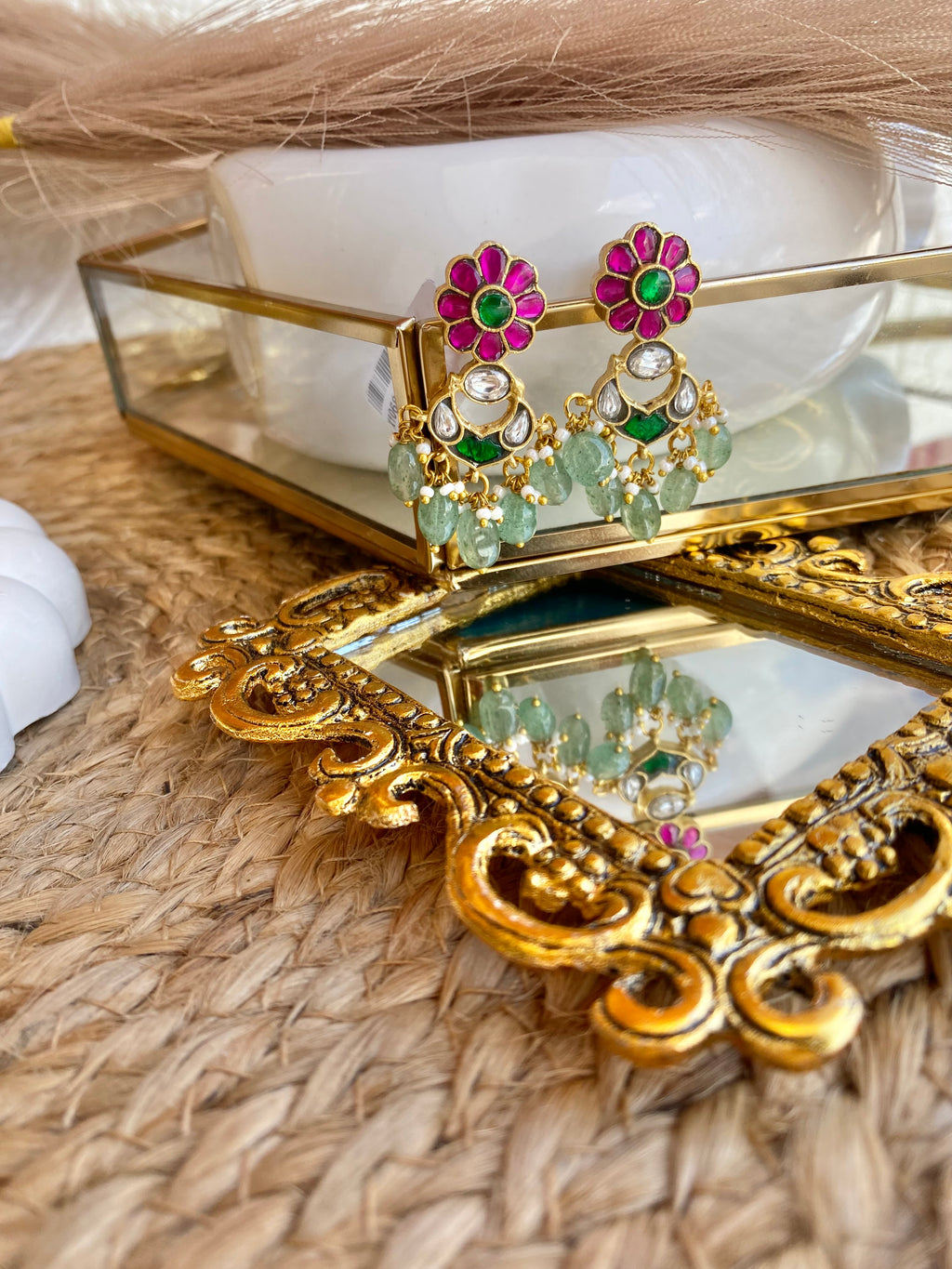 Kundan Polki Kempu Mint Antique Earrings