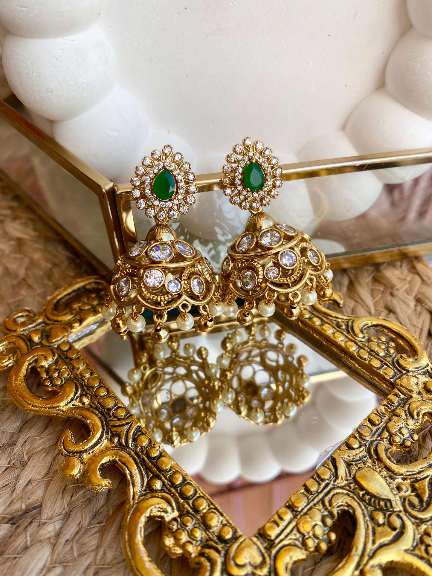 Green Emerald Stone Kundan Polki Jhumka
