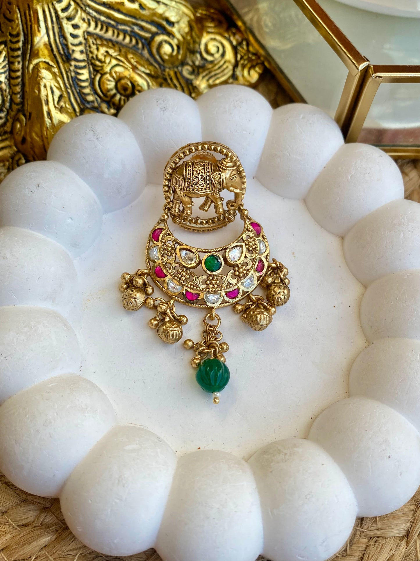 Elephant Motif Kundan Polki Kempu Mint Antique Earrings