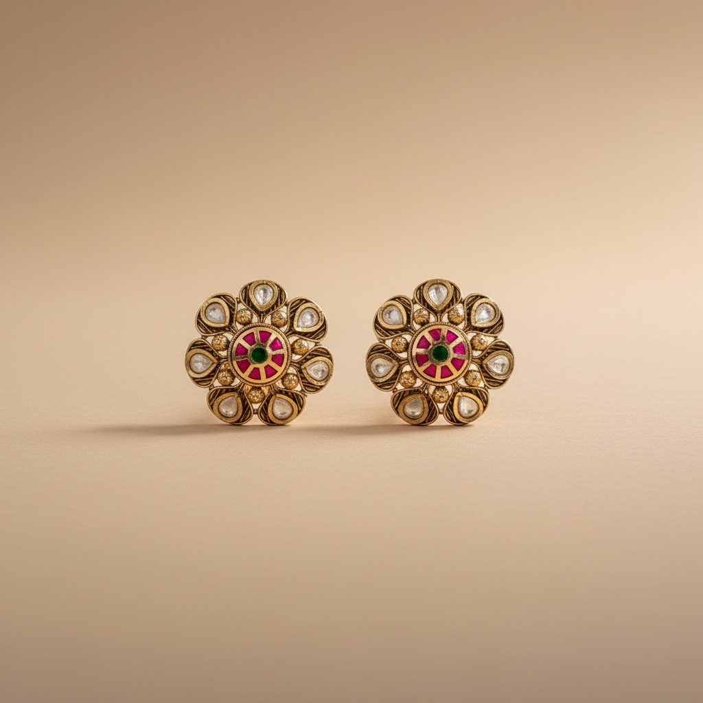 Kundan Polki Kempu Mint Antique Earrings