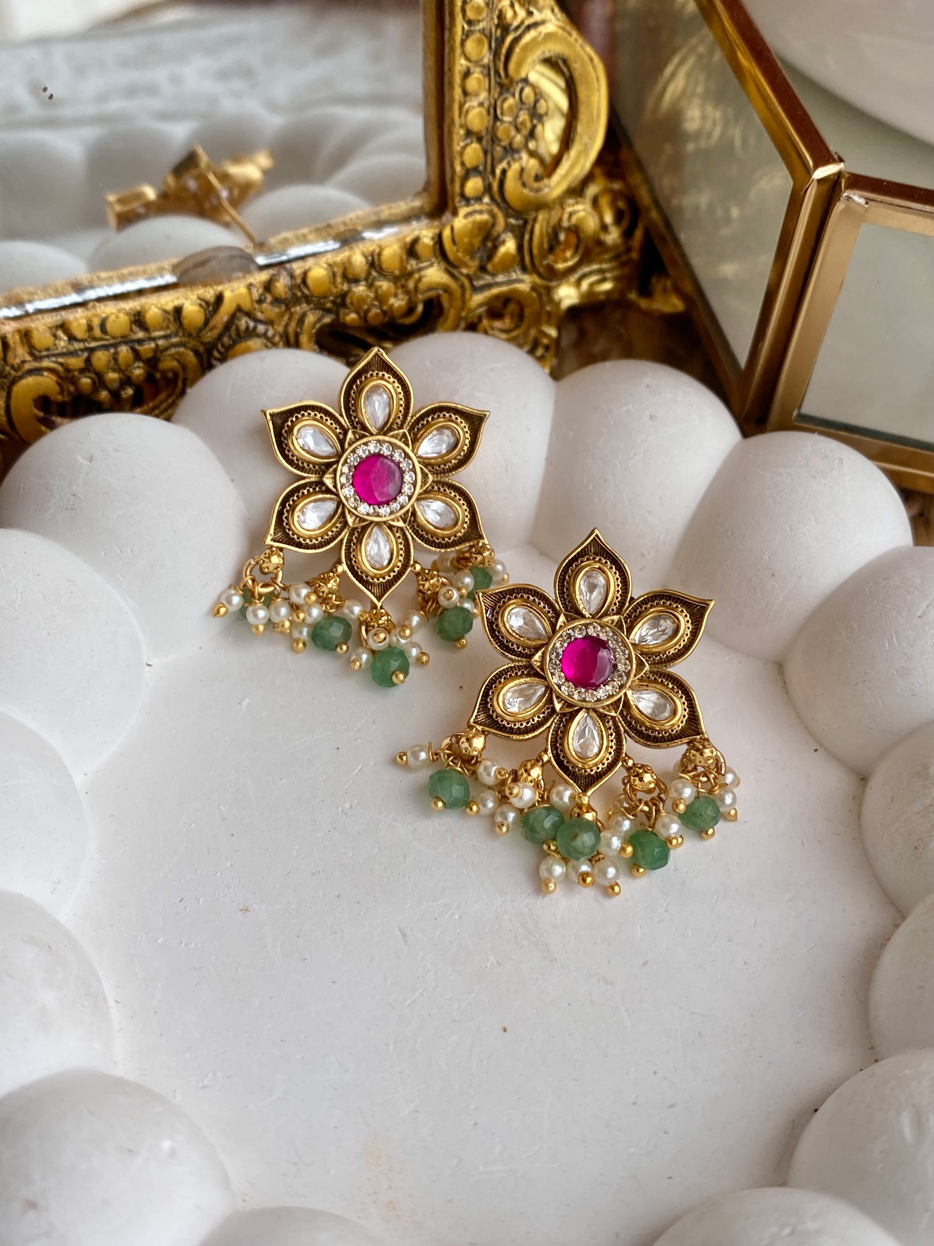 Kundan Polki Kempu Mint Floral Antique Earrings