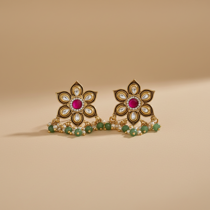 Kundan Polki Kempu Mint Floral Antique Earrings