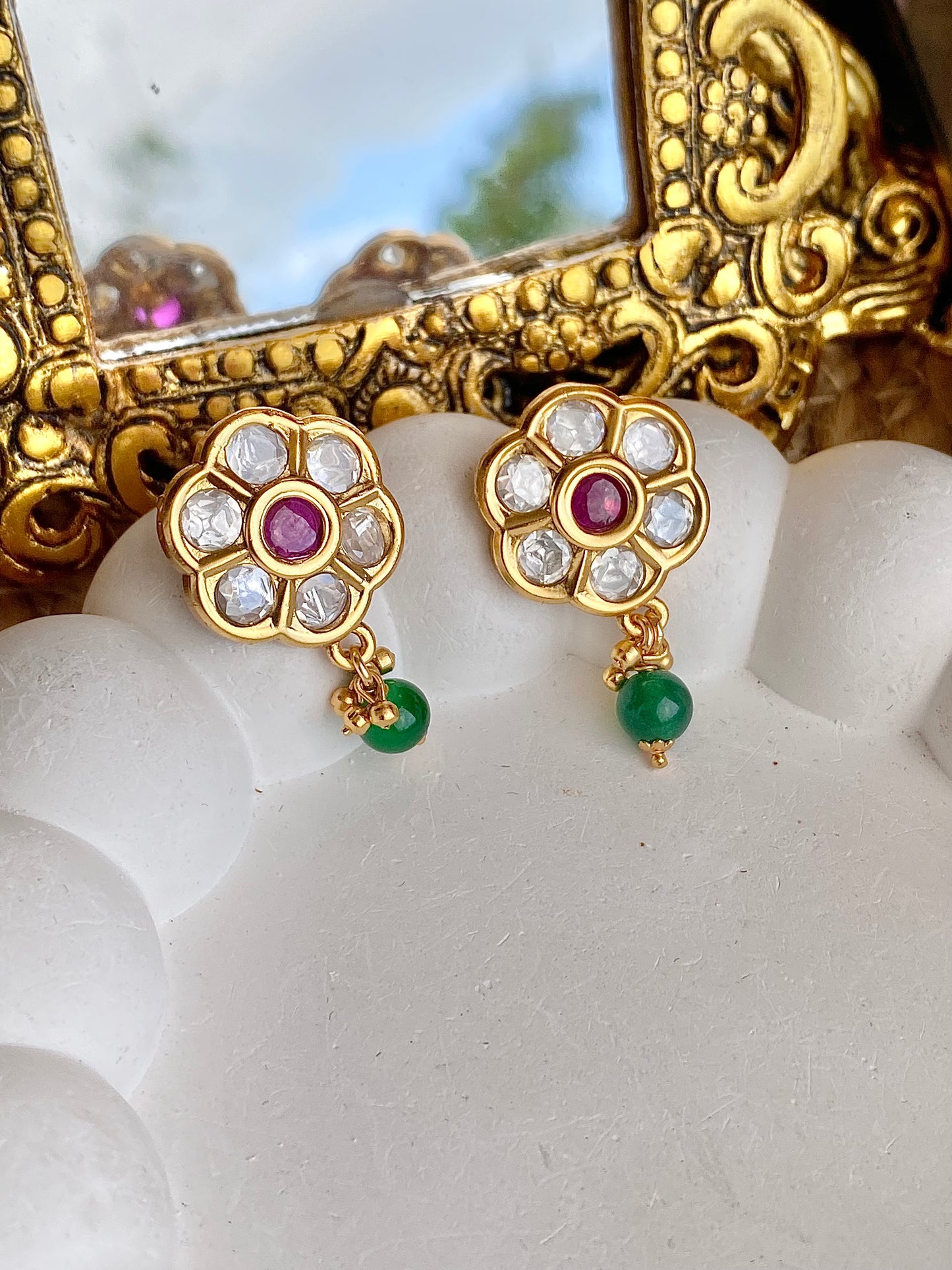 Moissanite Polki Kempu Mint Antique Stud Earrings