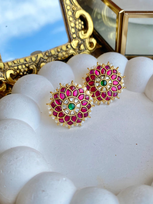 Real Kempu Jadau Pearl Stud Earrings