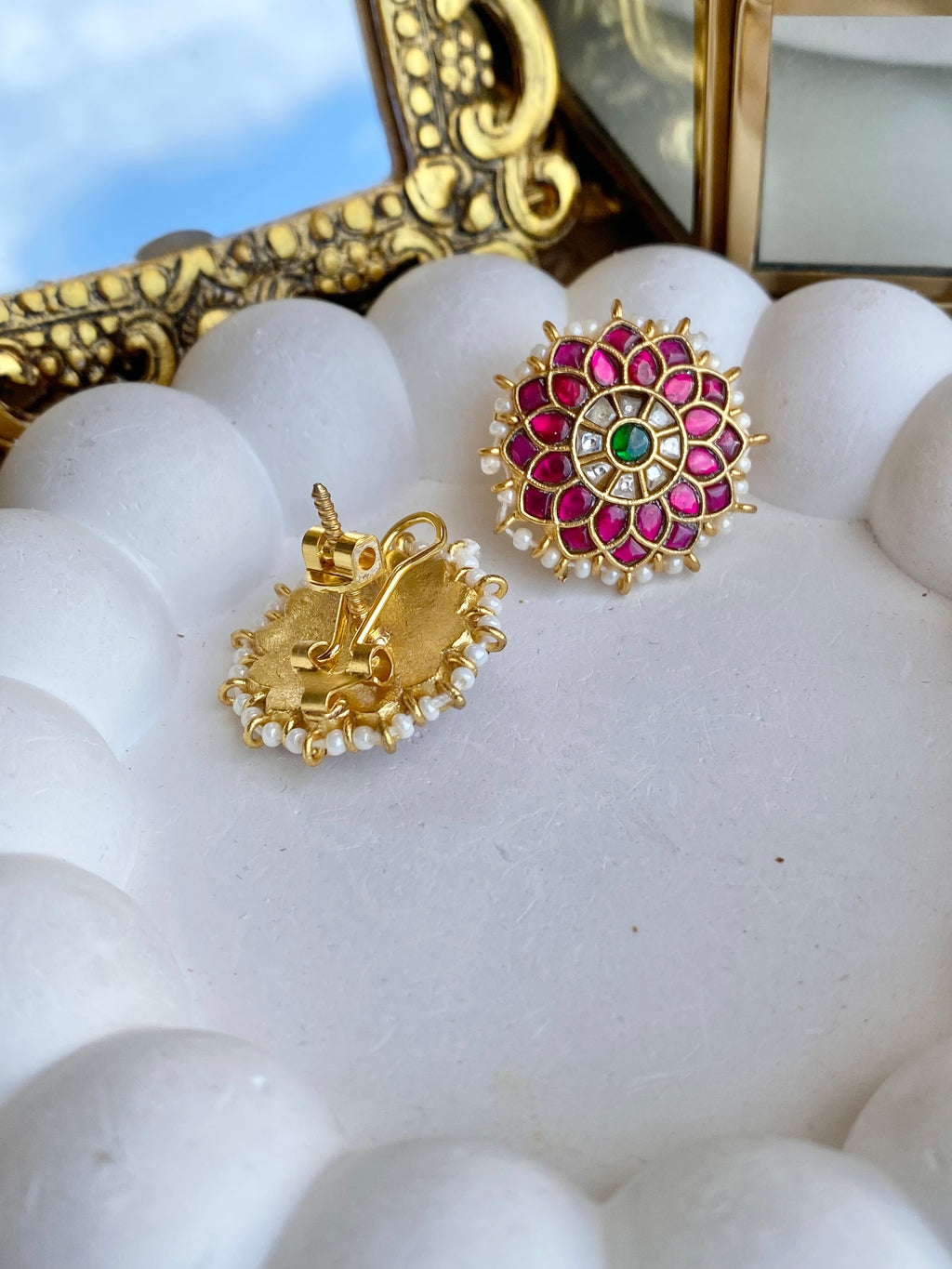 Real Kempu Jadau Pearl Stud Earrings