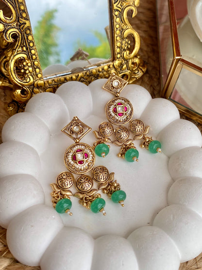 Kundan Polki Kempu Mint Antique Temple Earrings