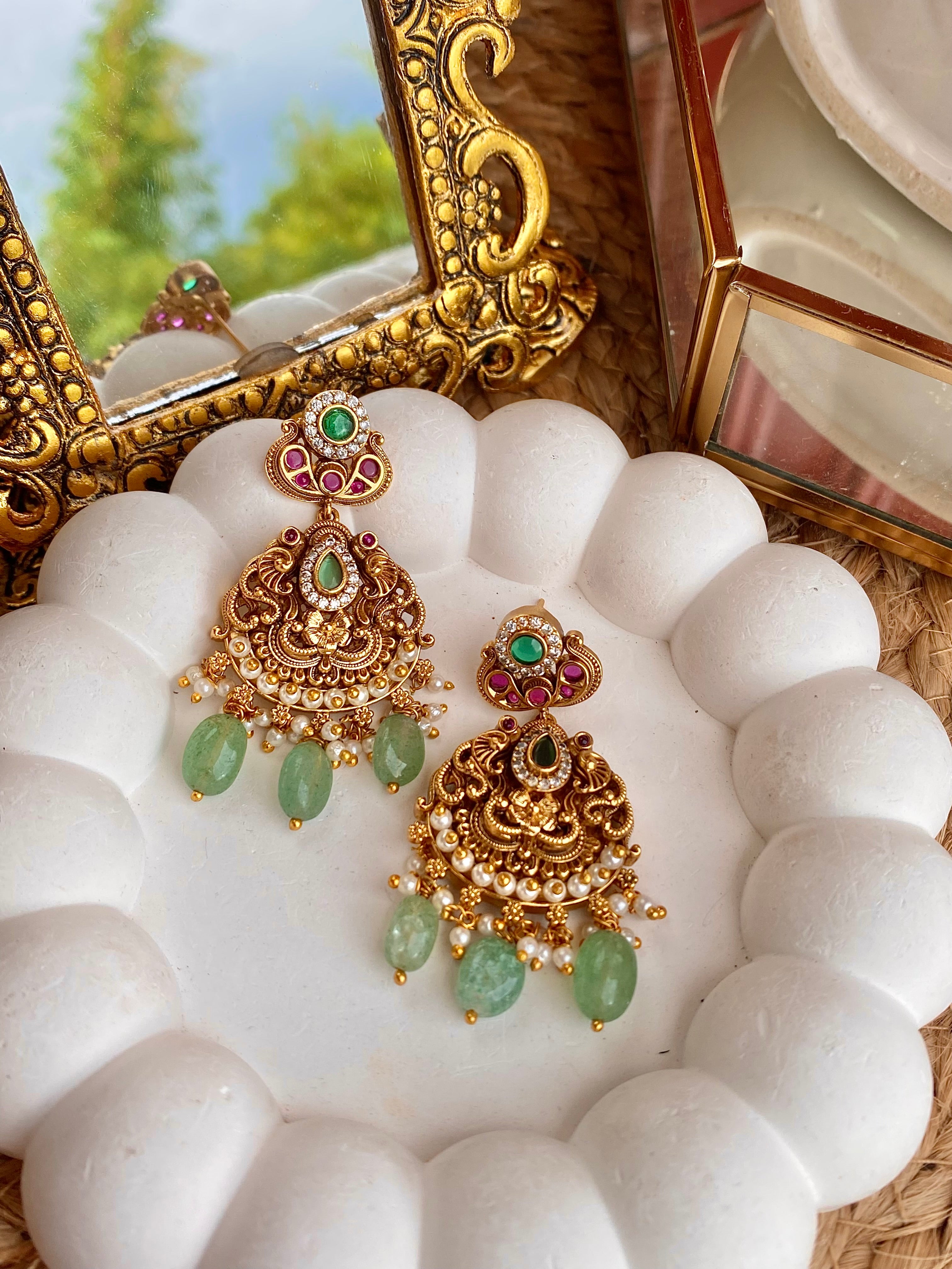 Kempu Mint Antique Temple Stud Earrings