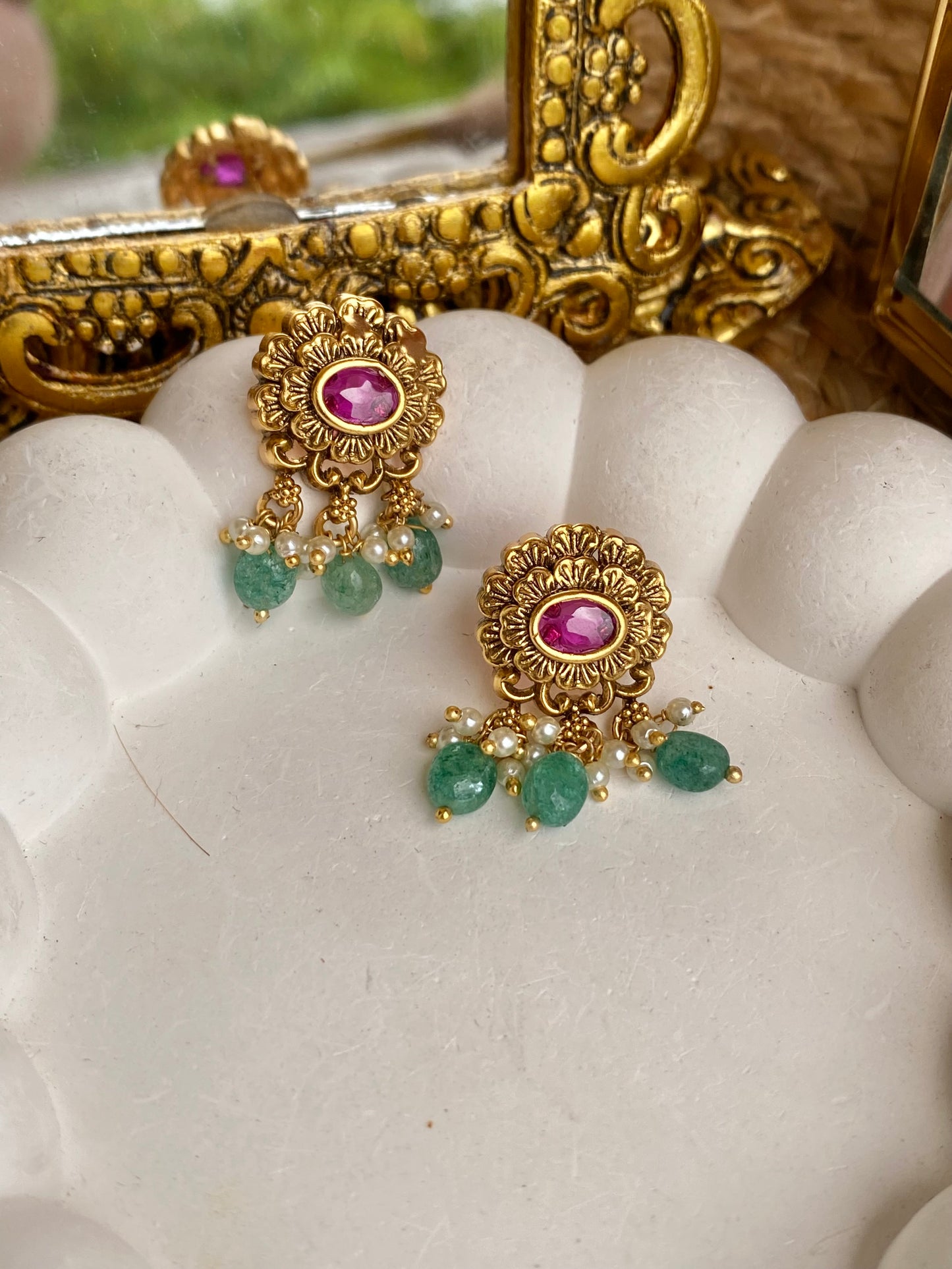 Kempu Mint Antique Temple Stud Earrings