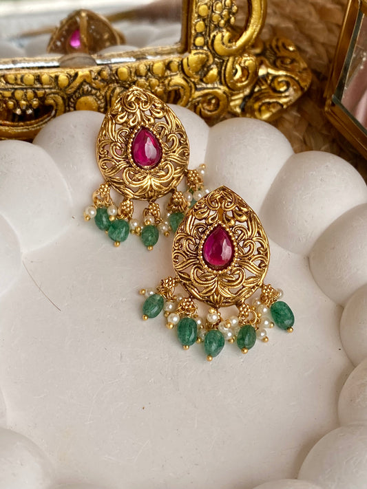 Kempu Mint Antique Temple OverSized Stud Earrings