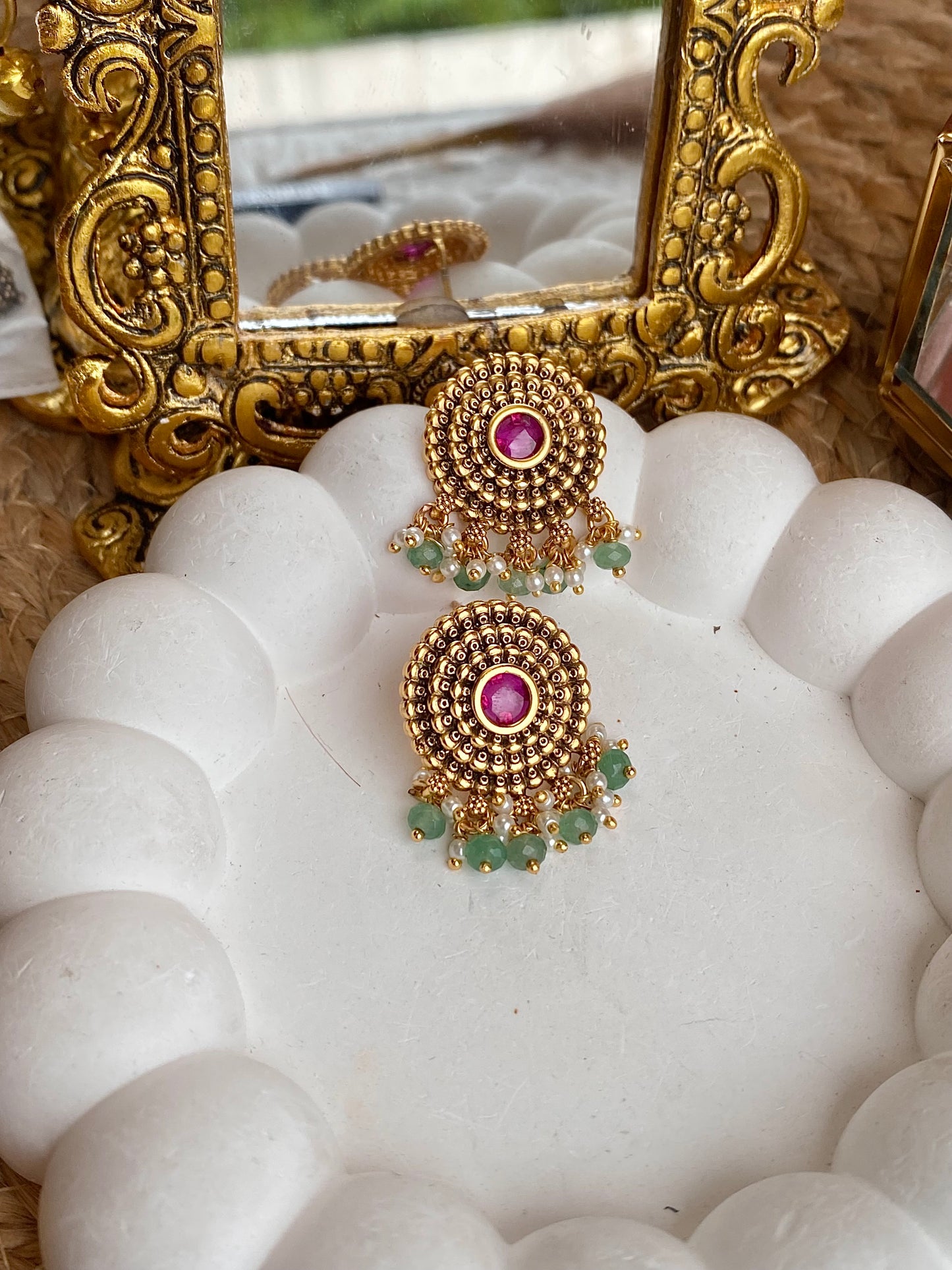 Kempu Mint Antique Temple Stud Earrings