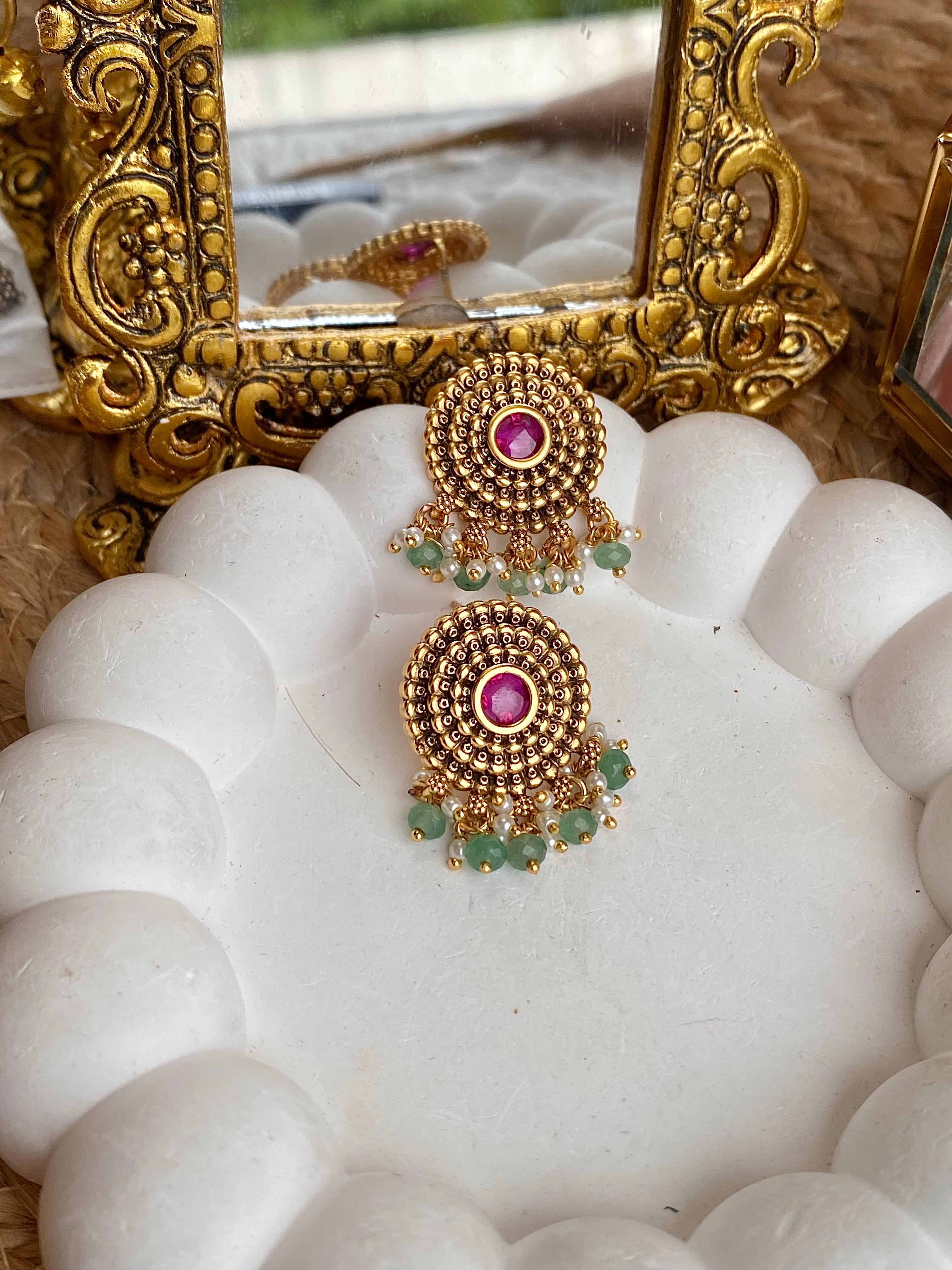 Kempu Mint Antique Temple Stud Earrings