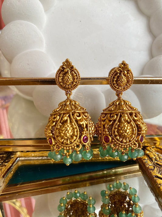 Mint Pearl Drop Antique Temple Jhumka