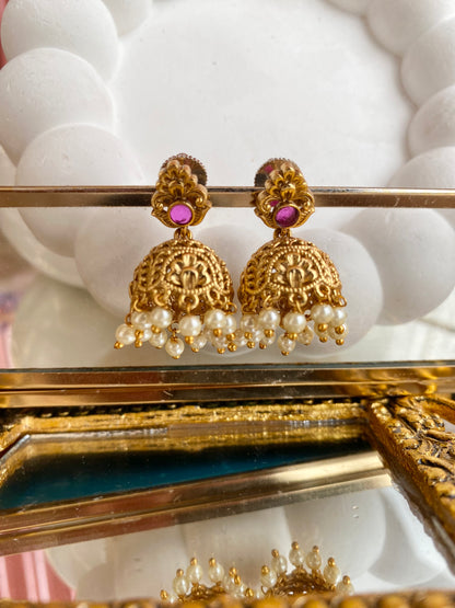 Red Stone Pearl Antique Jhumka