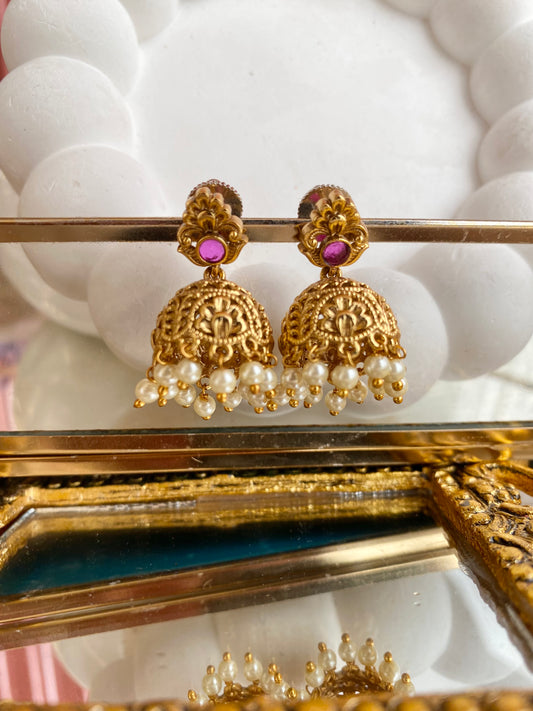 Red Stone Pearl Antique Jhumka