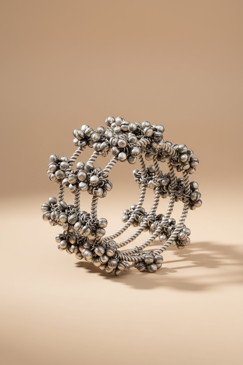 Silver ghunghroo bangles with floral design on a beige background