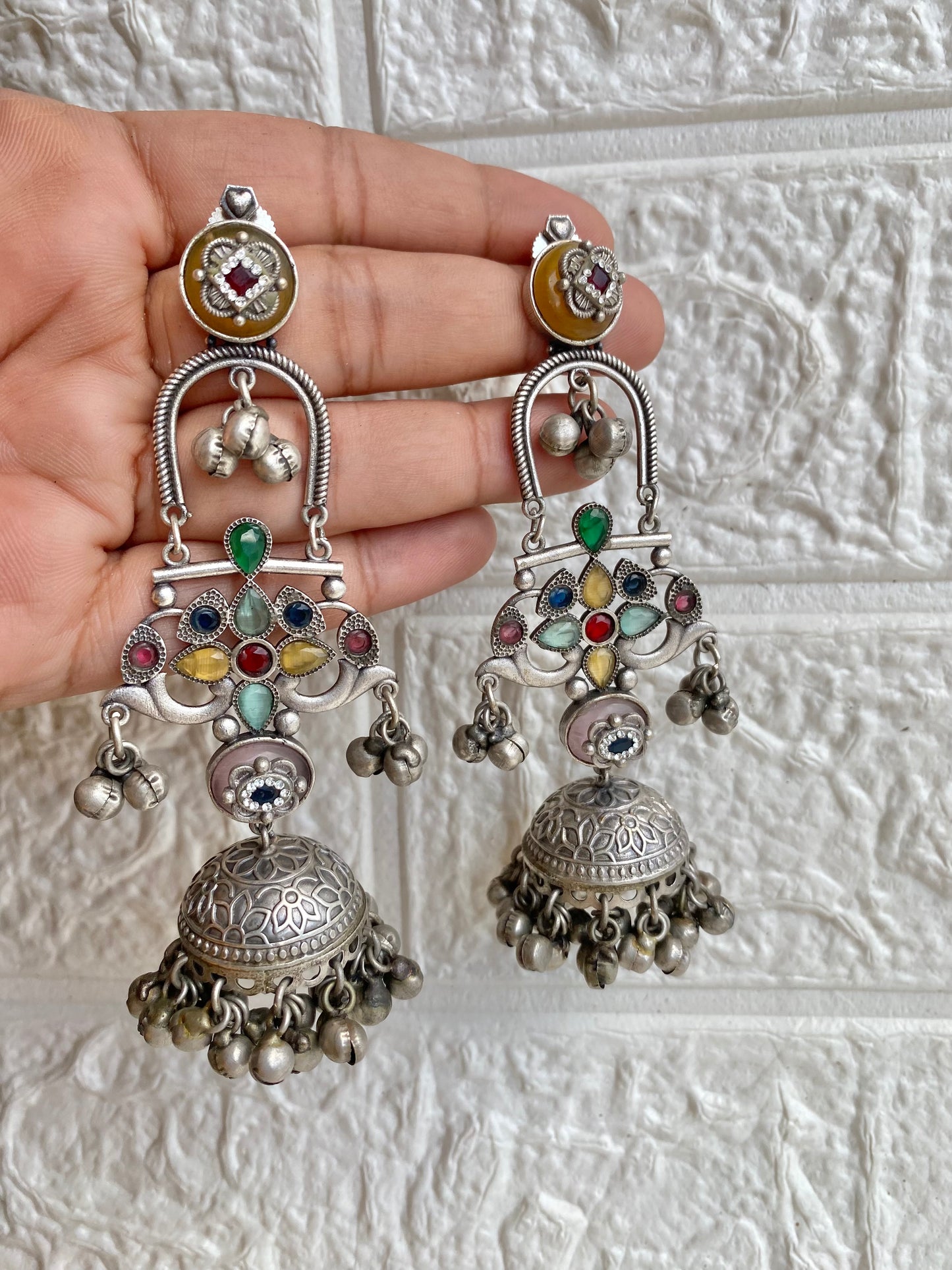 Navratna Silver Statement Long Jhumka