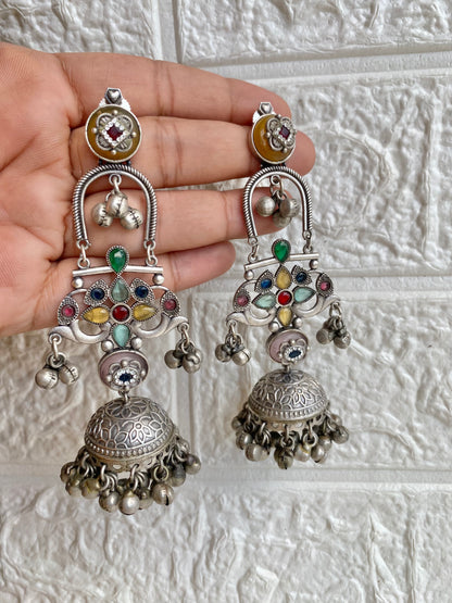 Navratna Silver Statement Long Jhumka