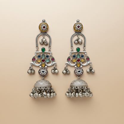 Navratna Silver Statement Long Jhumka