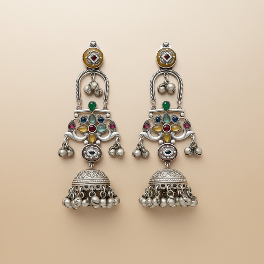 Navratna Silver Statement Long Jhumka