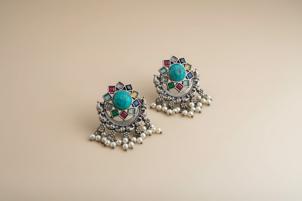 Indra Silver Stoned Earrings