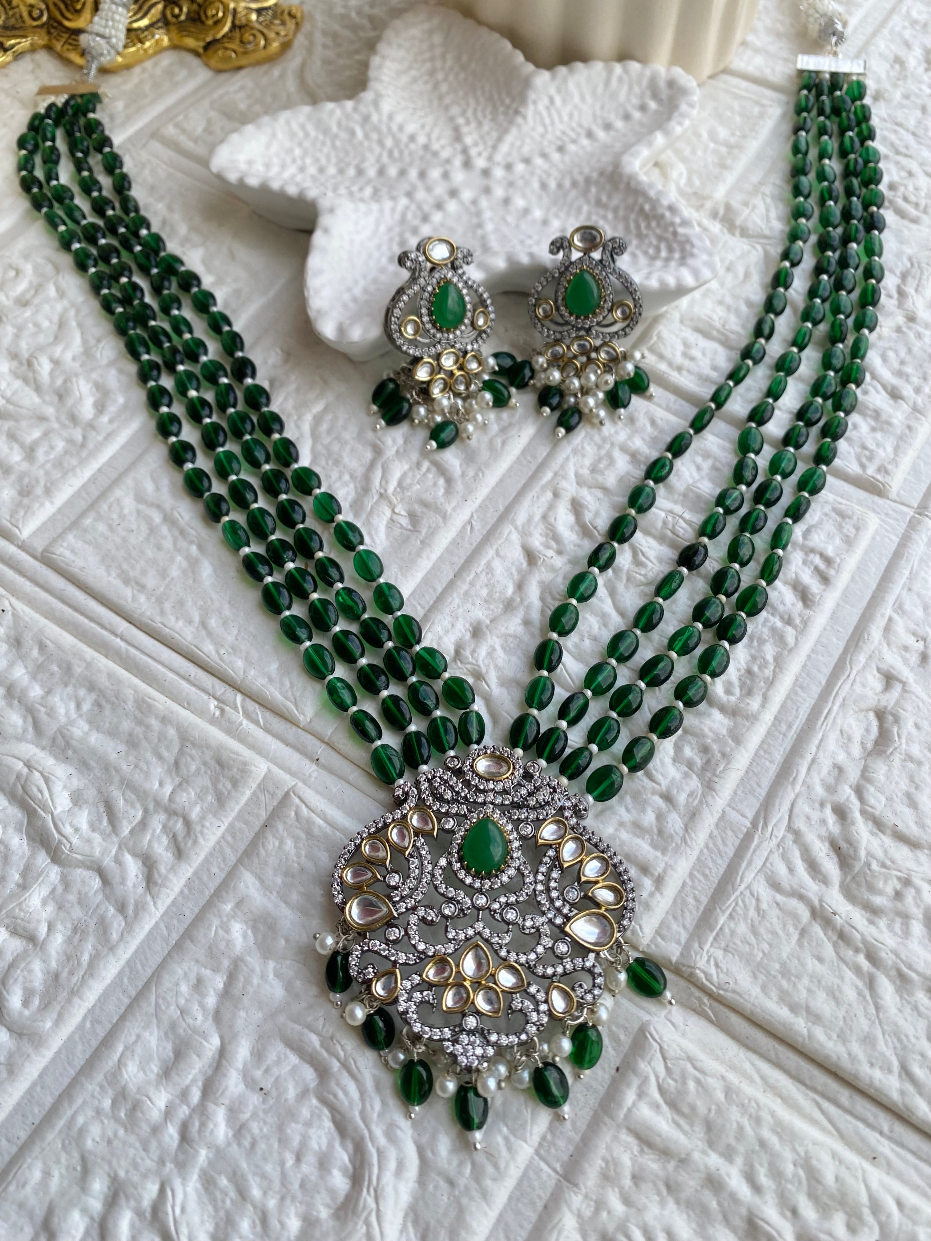 The Grean Beaded Long Necklace with Earrings