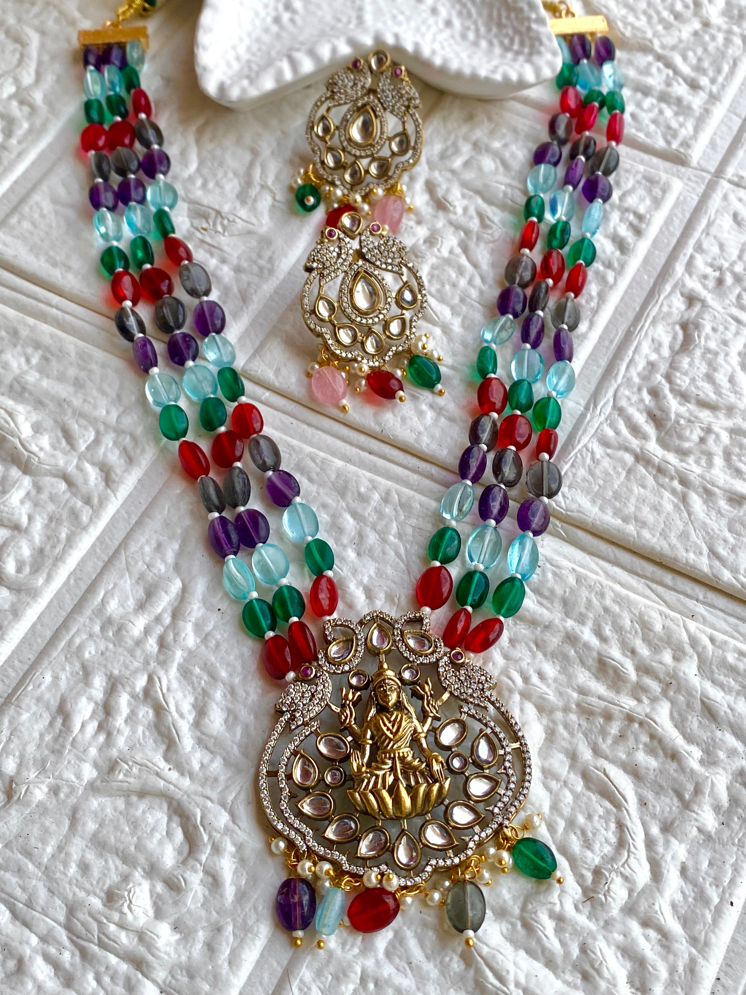 The Navratna Beaded Long Necklace with Earrings