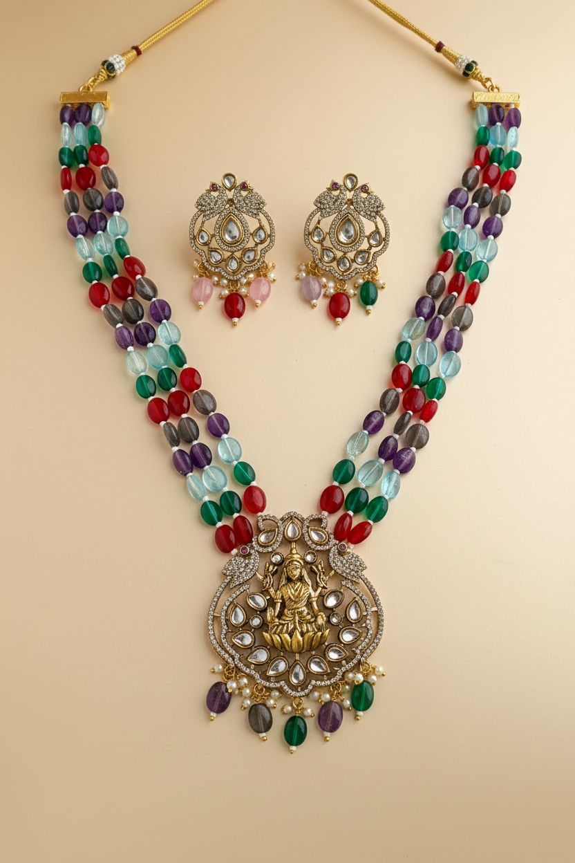 The Navratna Beaded Long Necklace with Earrings