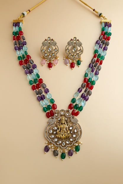 The Navratna Beaded Long Necklace with Earrings