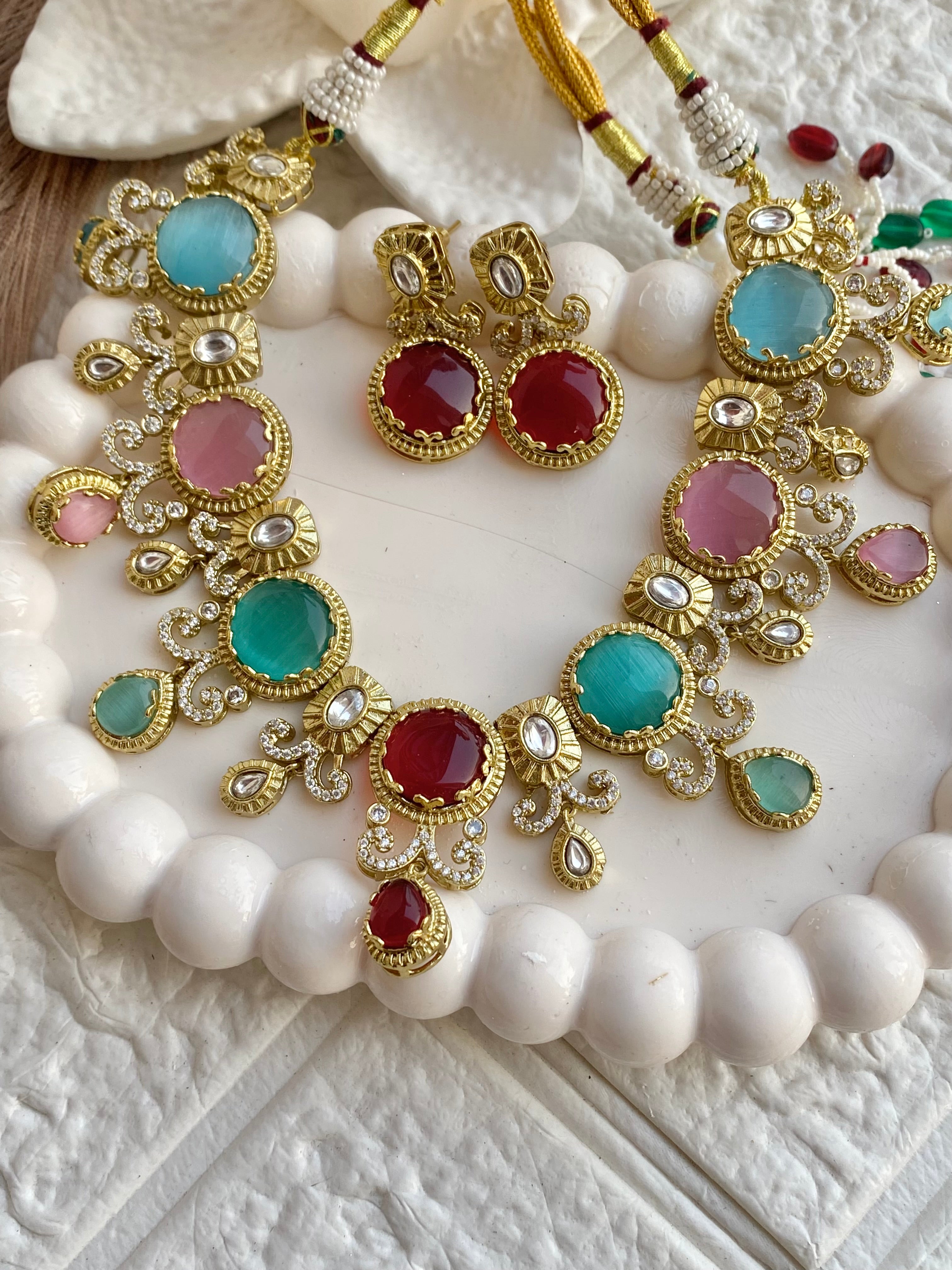 Statement Designer Navratna Necklace Set