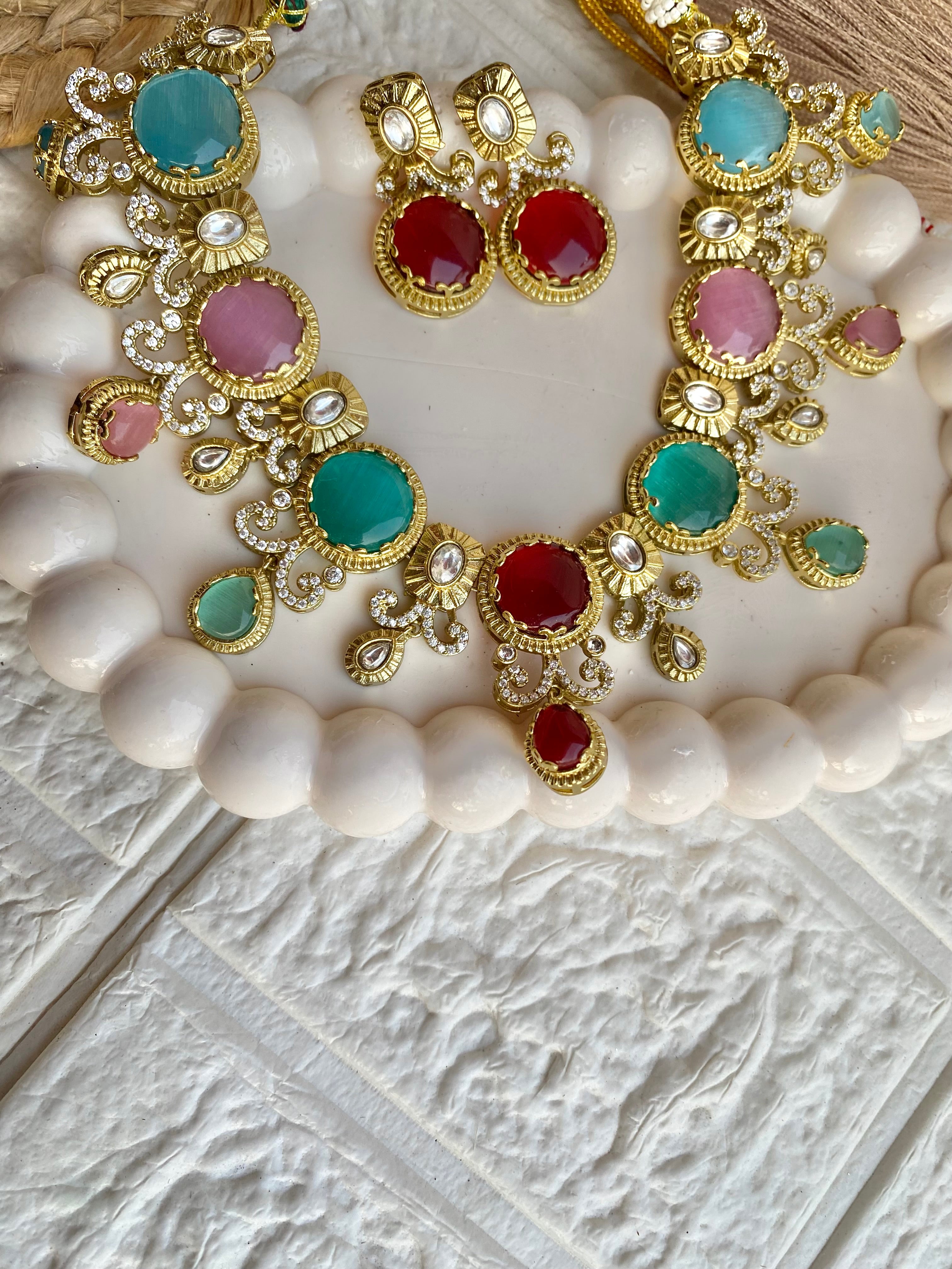 Statement Designer Navratna Necklace Set