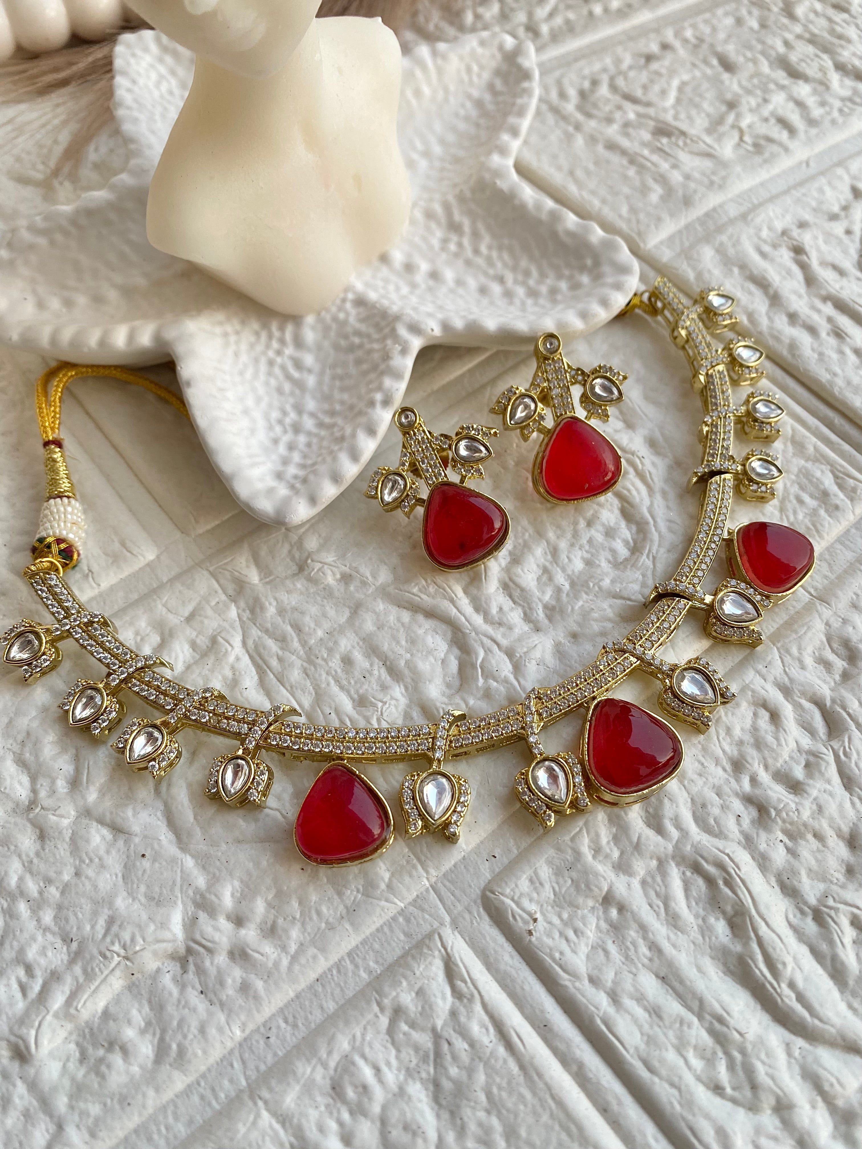 Red Stoned Moissanite Kundan Necklace Set