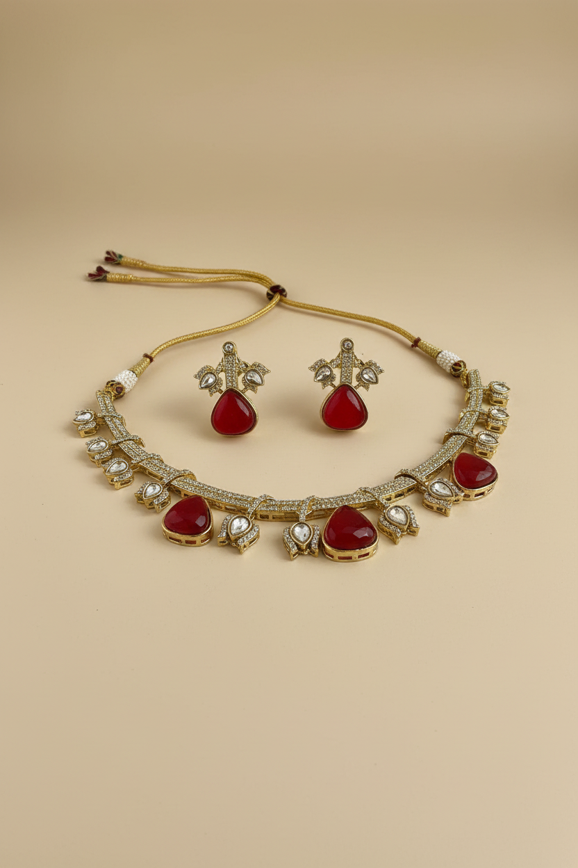 Red Stoned Moissanite Kundan Necklace Set