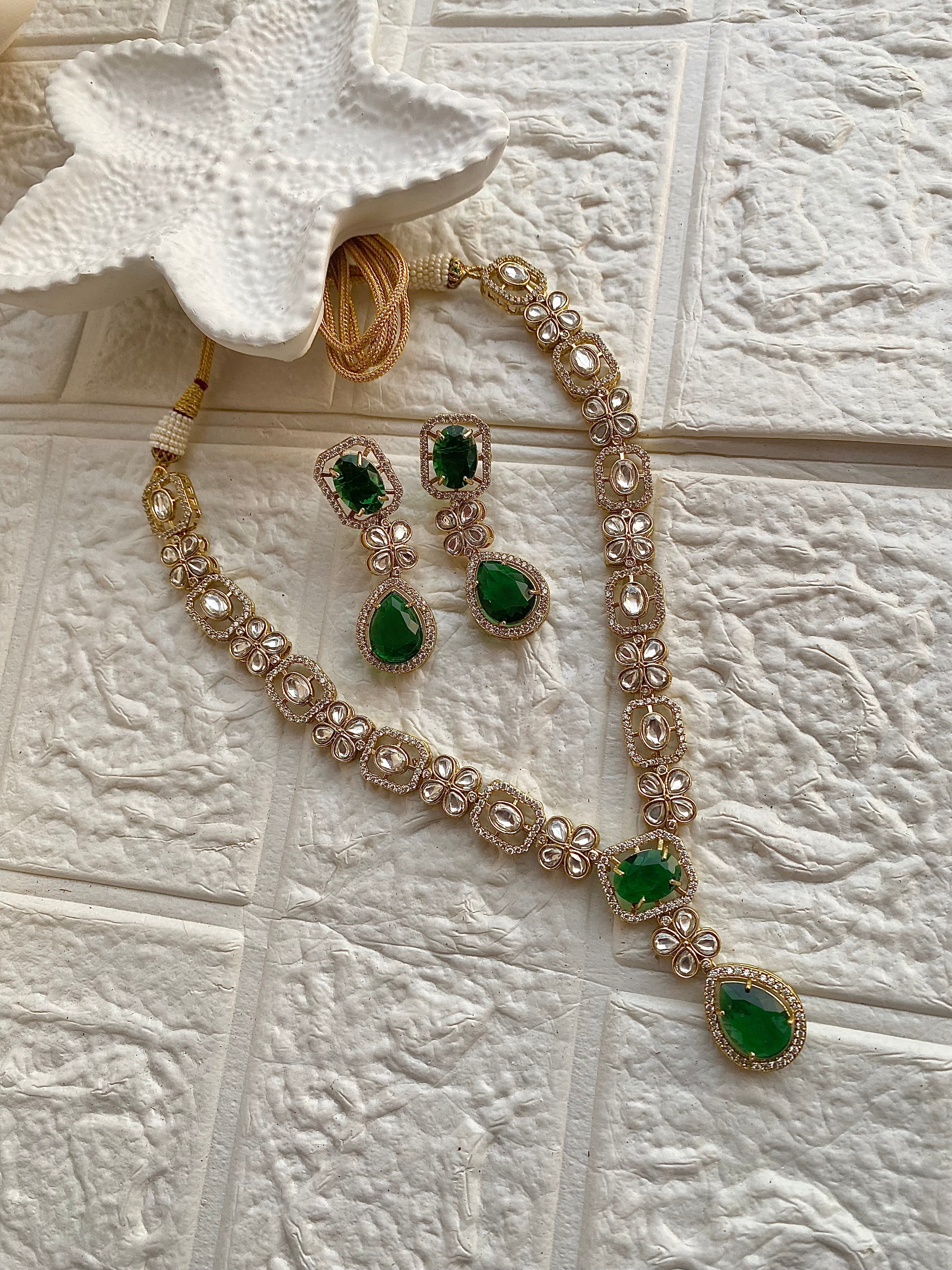 Green Moissanite Kundan Necklace Long Set