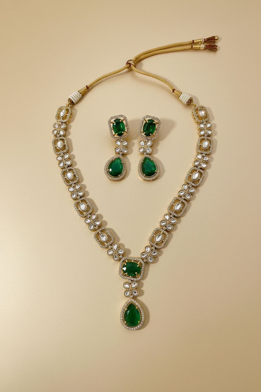 Green Moissanite Kundan Necklace Long Set