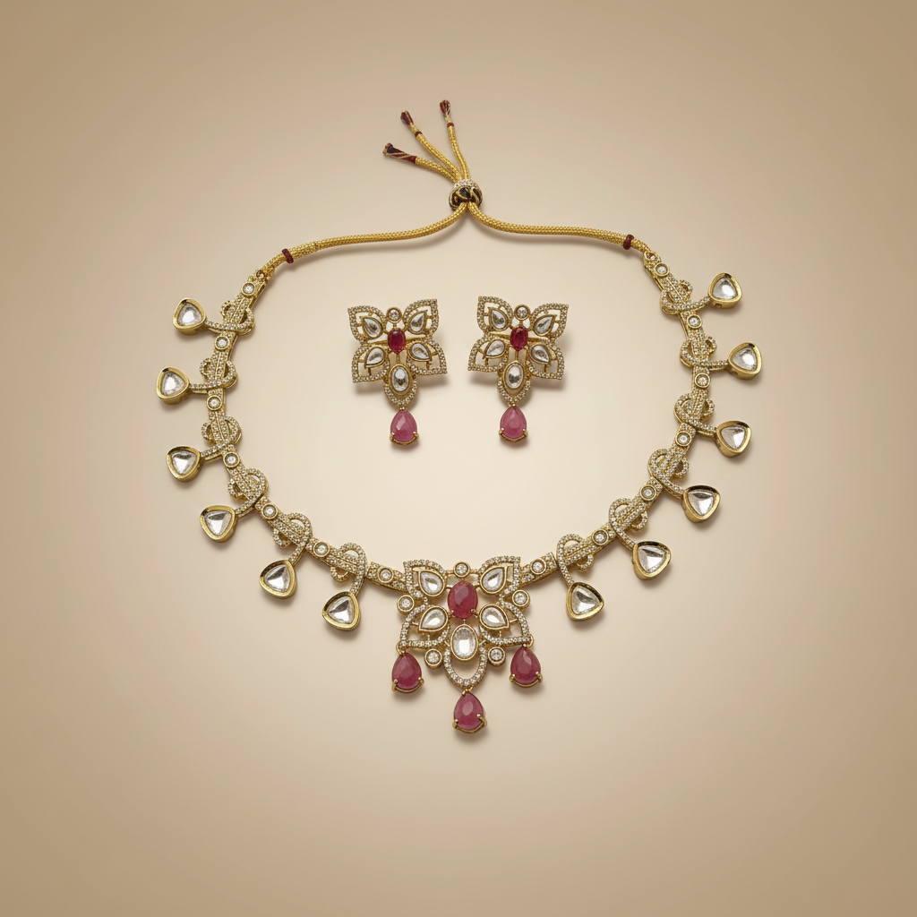 Jewelry set with necklace and earrings on a beige background