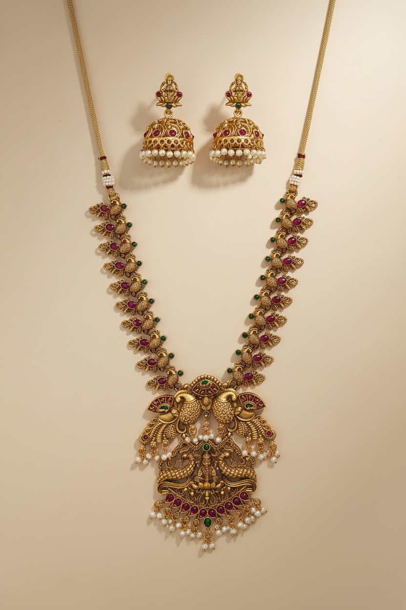 Ornate gold necklace with red stones and matching earrings on a beige background