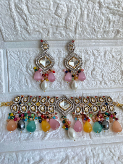 Luxuriously Handcrafted Navratana Kundan Polki Choker Necklace with Earrings
