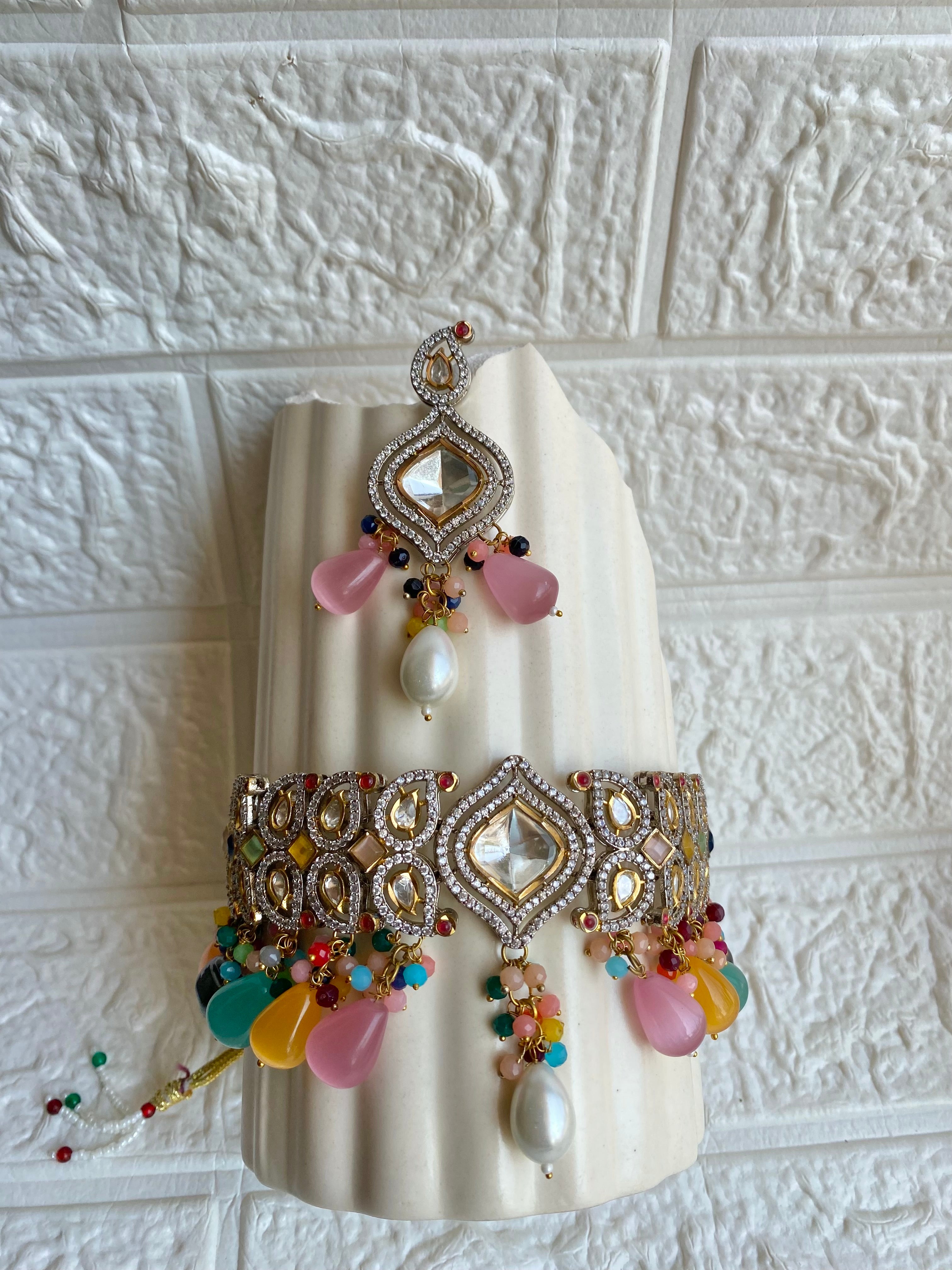 Luxuriously Handcrafted Navratana Kundan Polki Choker Necklace with Earrings
