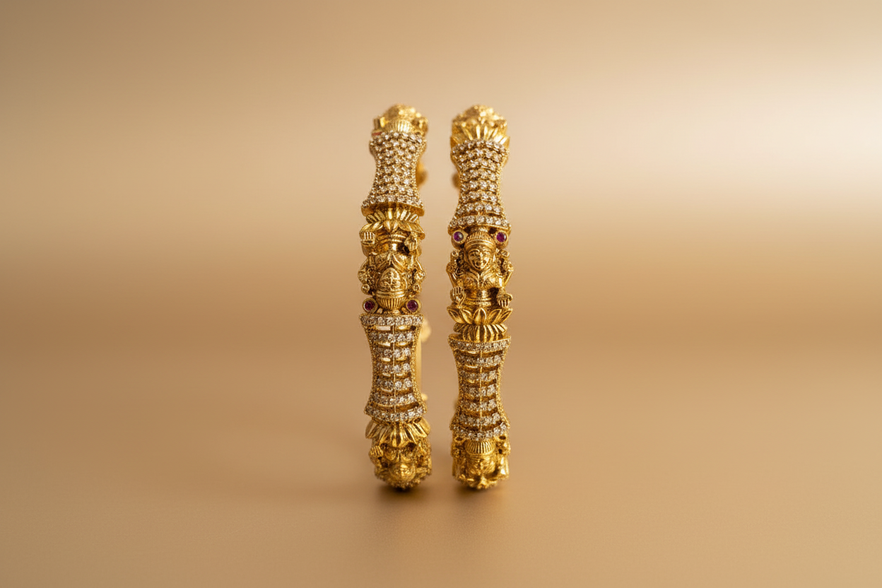 Signature Temple Antique Zirconia Stone Studded Bangle- Pair of 2