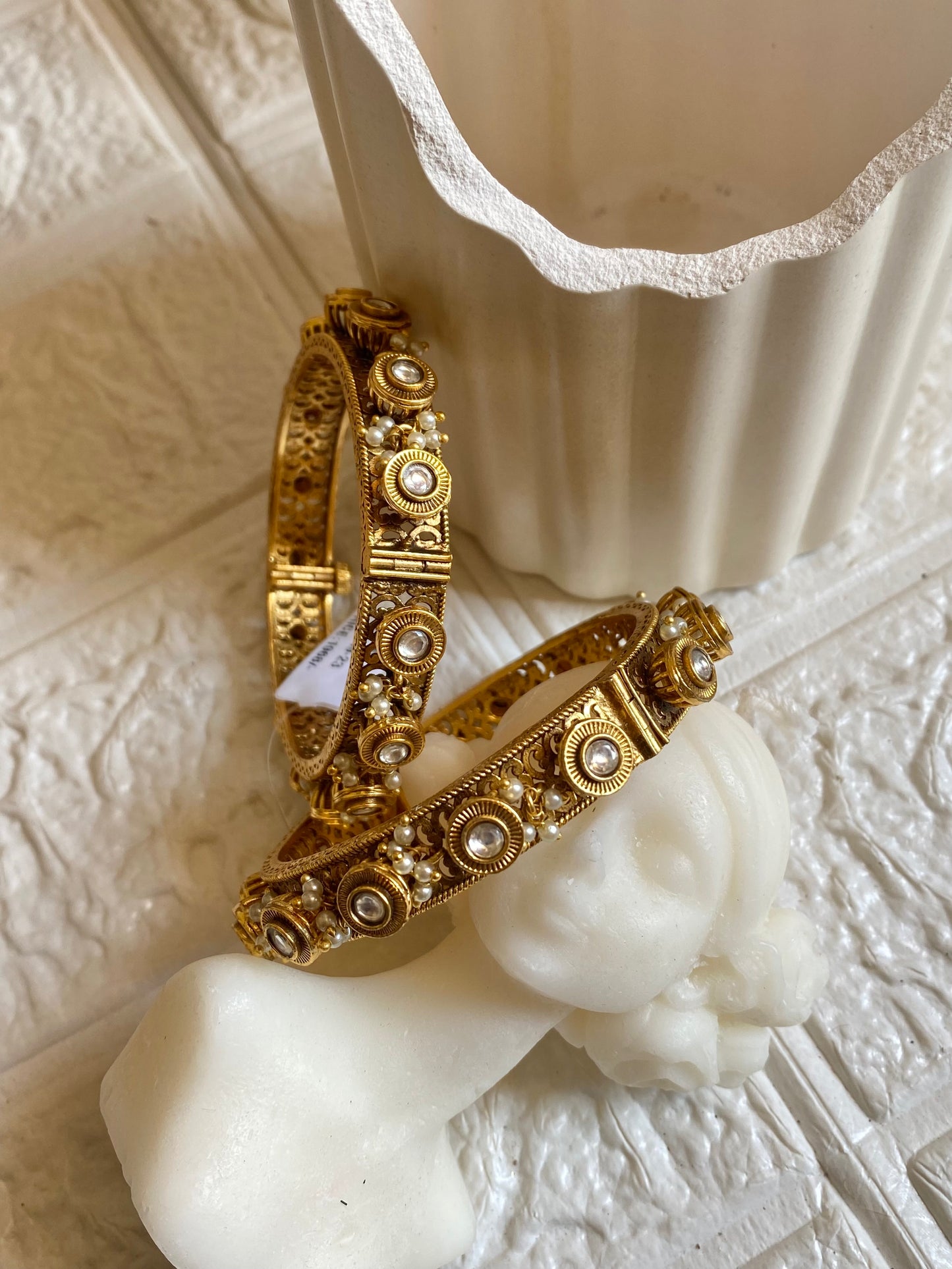 Signature Kundan Pearl Antique Bangles- Pair of 2