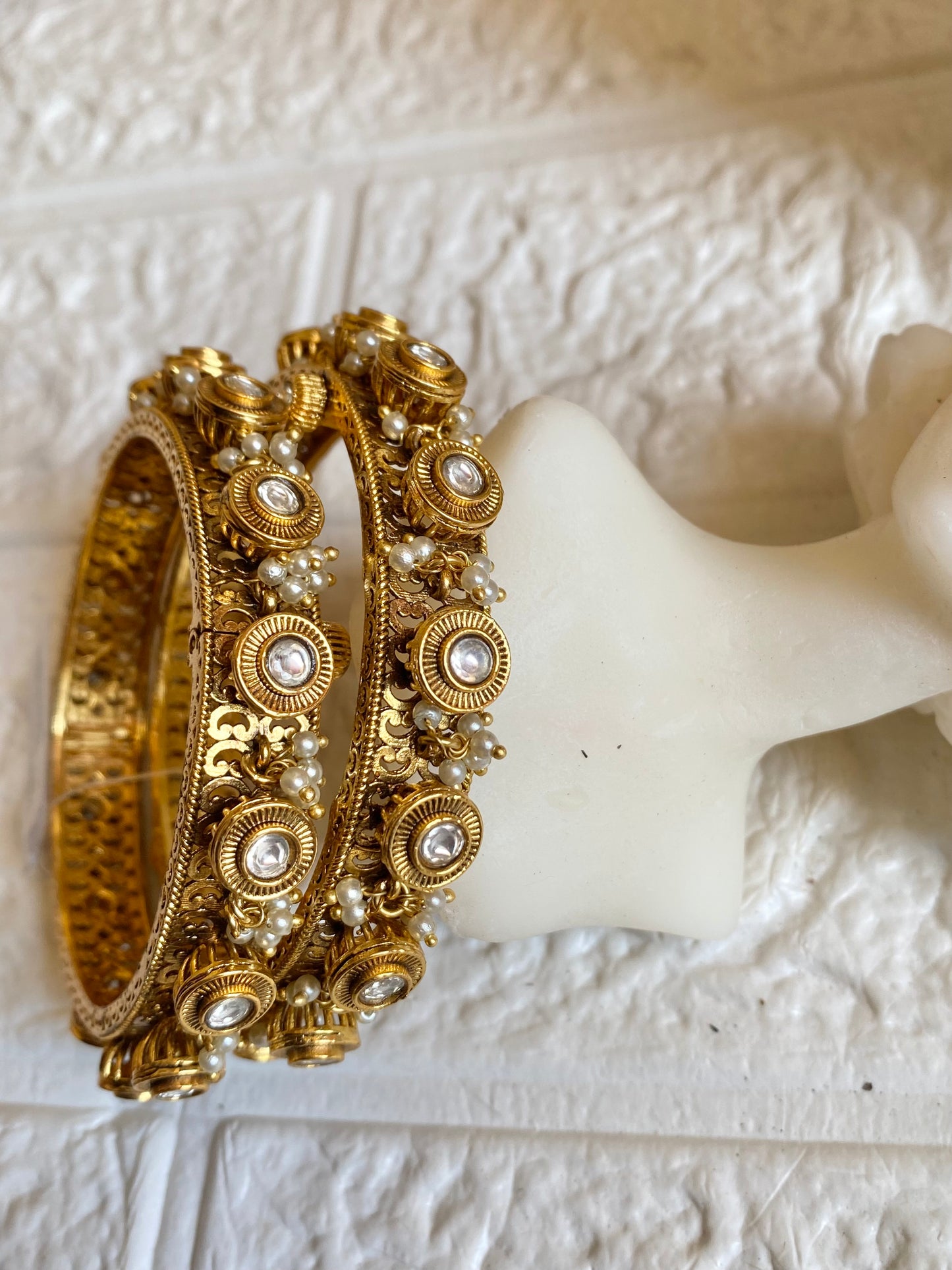 Signature Kundan Pearl Antique Bangles- Pair of 2