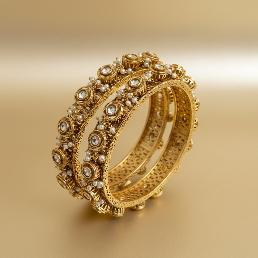 Signature Kundan Pearl Antique Bangles- Pair of 2