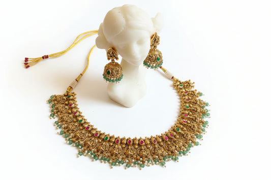 Statement Antique gold plated Kemp Stone Pure Brass Necklace Set