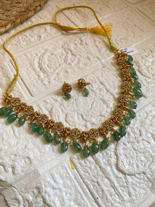 Kemp Stone Gold Plated Mint Beads Antique Necklace Set
