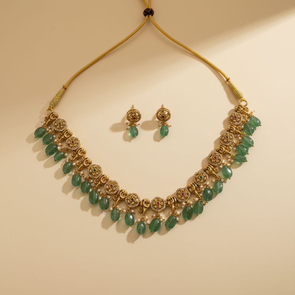 Kemp Stone Gold Plated Mint Beads Antique Necklace Set