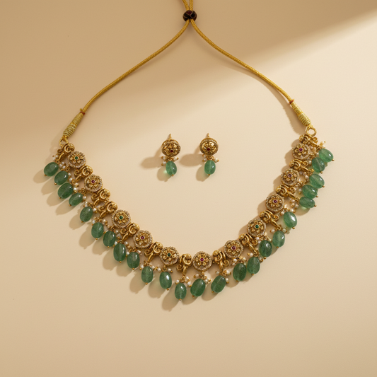 Kemp Stone Gold Plated Mint Beads Antique Necklace Set