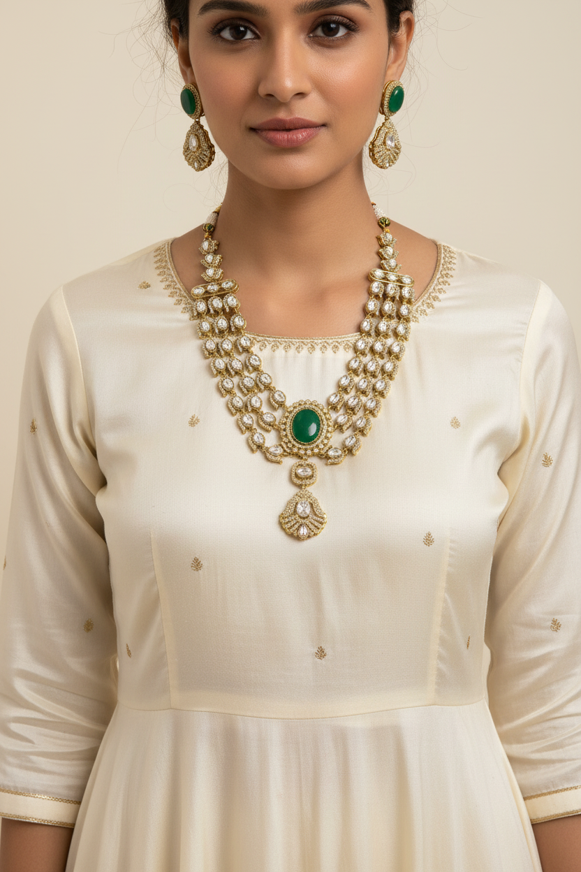Woman wearing a white traditional outfit with gold and green jewelry against a neutral background