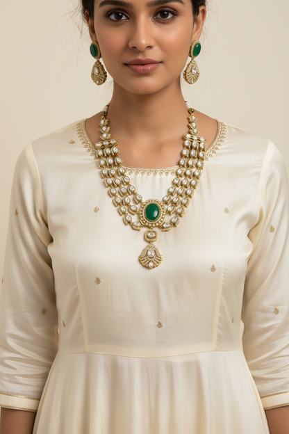 Woman wearing a white traditional outfit with gold and green jewelry against a neutral background