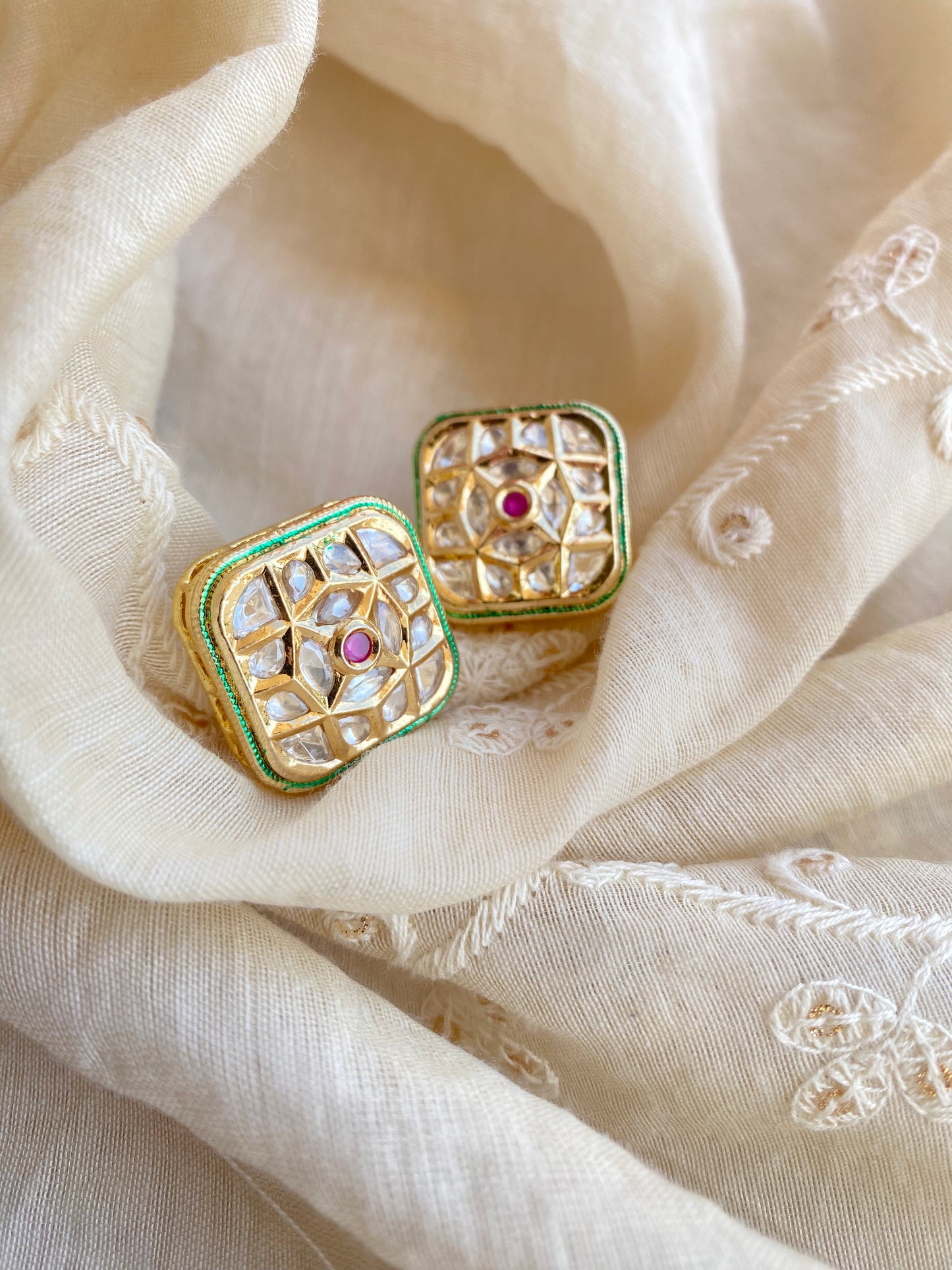 Moissanite Polki Studs with Back Jaipuri Meenakari