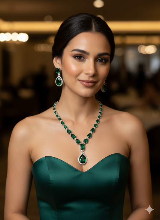 Statement Emerald Green Studded Zirconia American Diamond Necklace Set